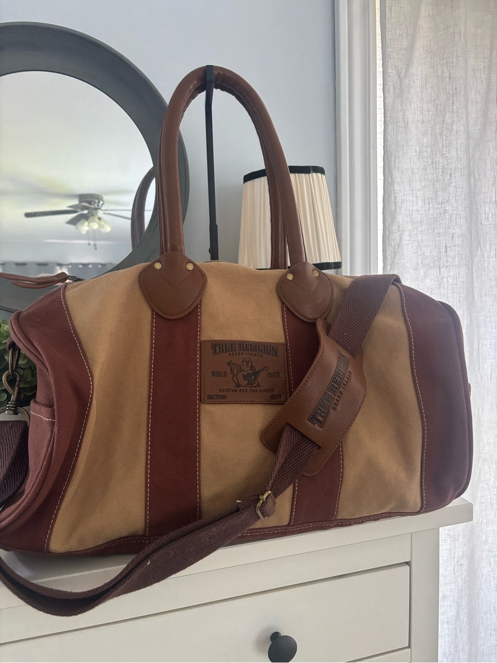 True Religion Tan Canvas and Brown Leather Trim Duffel Bag